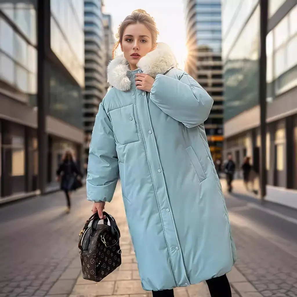 

Женская длинная куртка до колена с меховым воротником на хлопковой подкладке, корейская повседневная свободная однотонная одежда для хлеба на осень-зиму