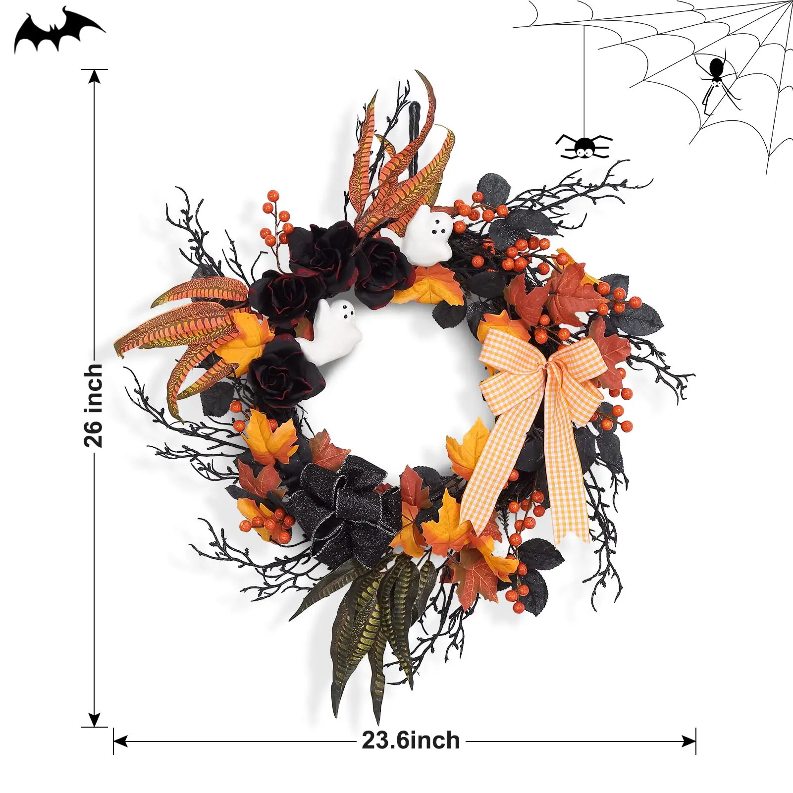 26 Inch Halloween Ghost Wreath For Front Door With Black Roses, Maple Leaves, Orange Bow, Spooky Indoor Outdoor Porch Wall Decor - view 3