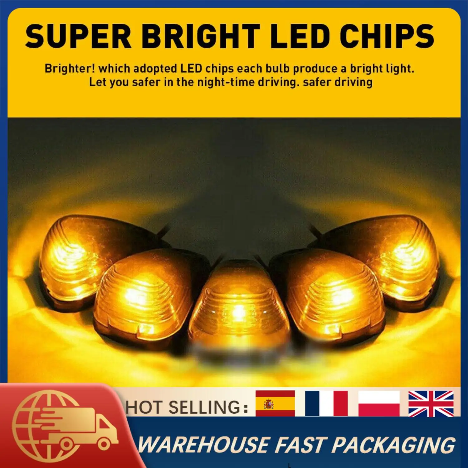 

5PCS Amber LED Cab Roof Marker Lights Kit For Ford F250 F350 F450 Super Duty 1999-2016 Replacement Yellow Lens Clearance Lamp