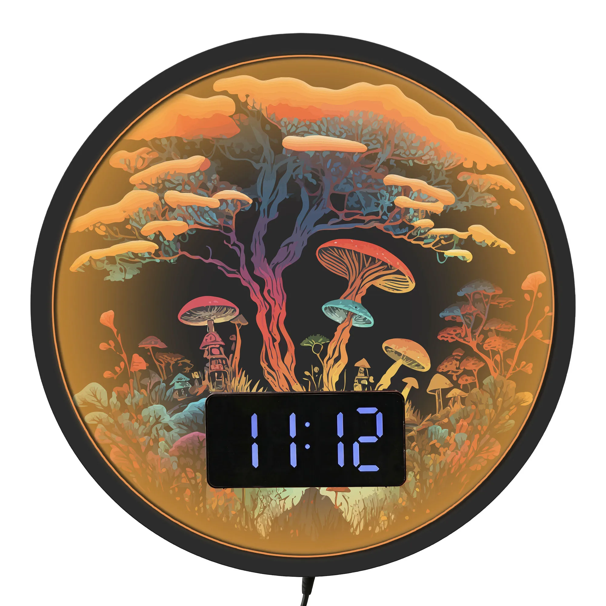 Fantasy Magical Mushroom Digital Wall Clock with Temperature Calendar Date Alarm Snooze 12/24hr Format Night Light Wall Clock