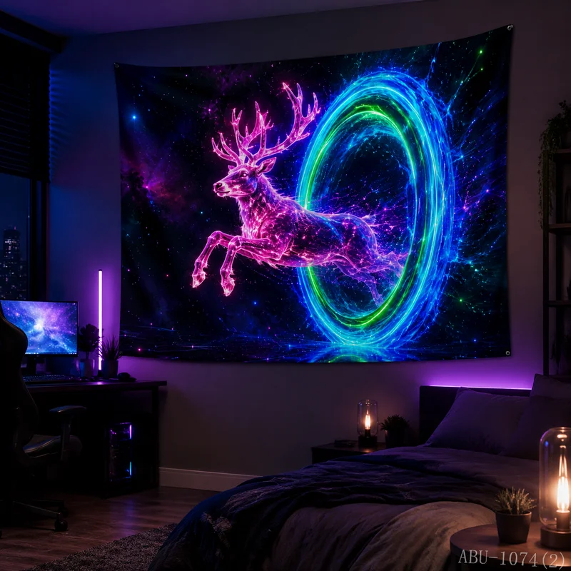 VIKAMA Aurora Vortex Starry Sky Running Elk Christmas Tapestry, HD Cloth, Adds Dynamic Holiday Vibe to Any Room
