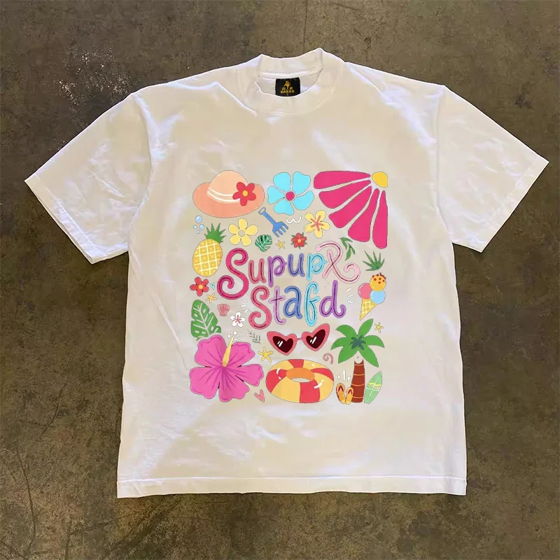 Loose Fit Cotton T-Shirt Unisex Short Sleeve Double Thread UPUPXIA Hero Print Sweat Absorbent round Neck Casual Summer Top