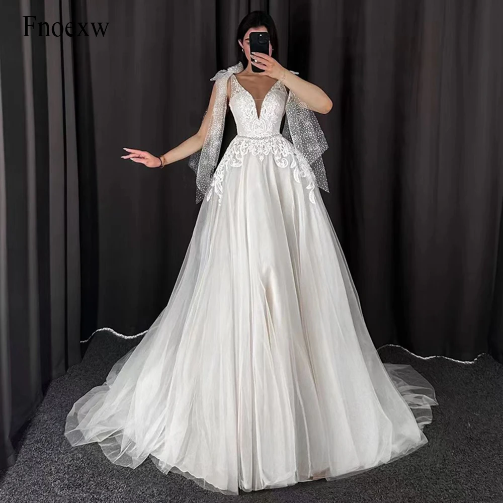 

Fnoexw V-neck Tulle Wedding Dresses A-line Lace Appliques Elegant Women Beaded Wedding Gowns Sweep Train Civil Robe De Mariée