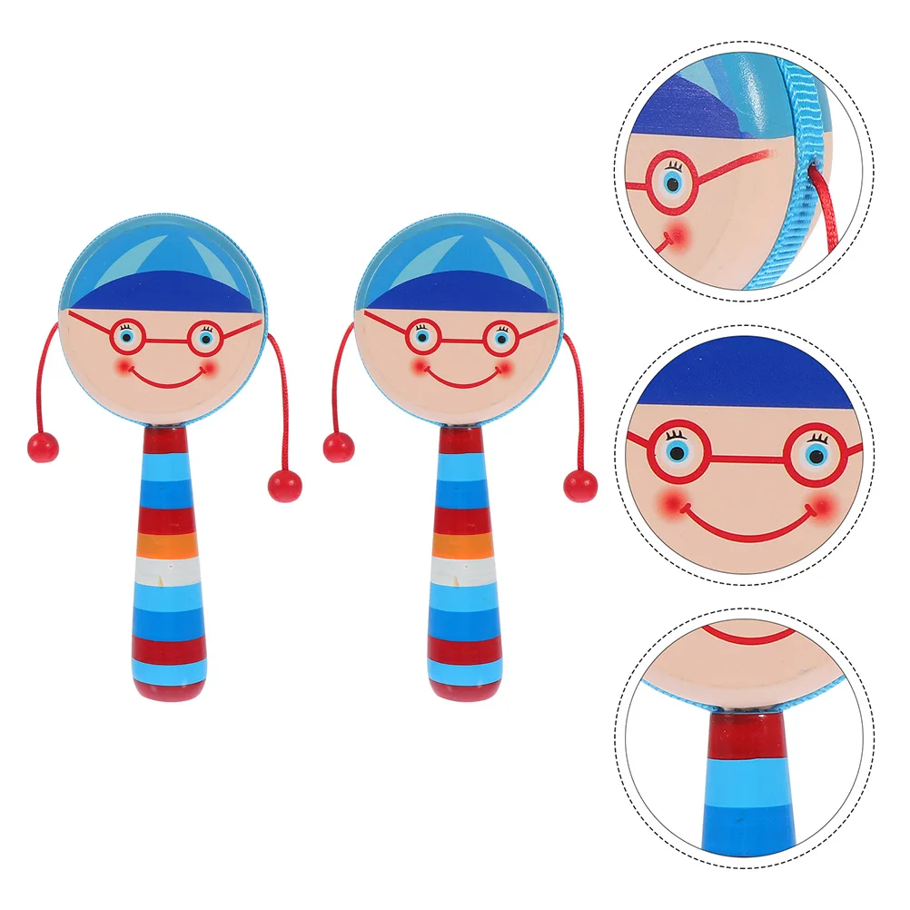 2 ชิ้นเด็กไม้ H มือถือดนตรีการ์ตูนออกแบบเขย่าพื้นผิวเรียบสีฟ้าสี held Sensory การฝึกอบรม