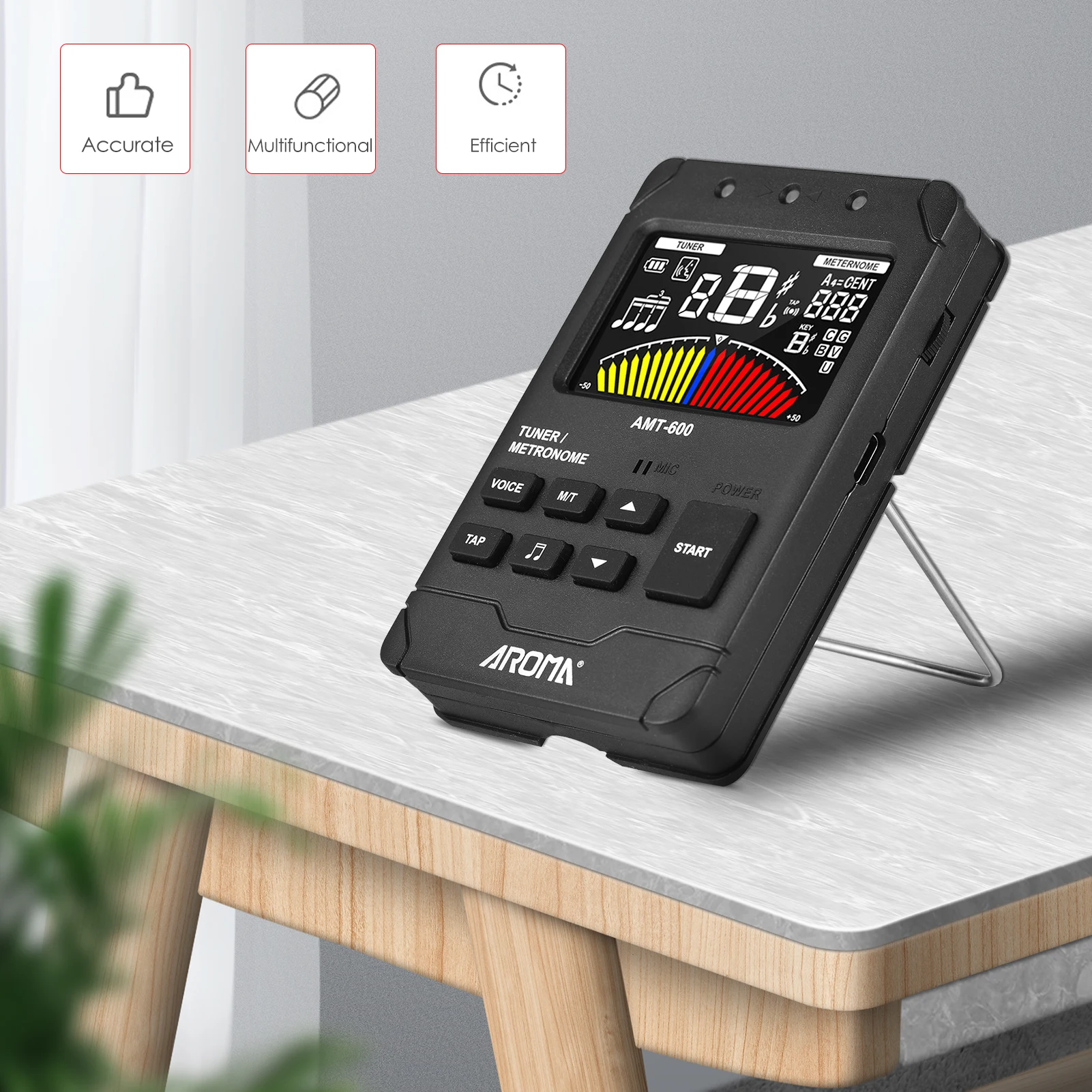 AROMA AMT-600 Tuner & Metronome & Tone Generator 3-in-1 Rechargeable 2.5-inch Color LCD Guitar Tuner Electronic Metronome