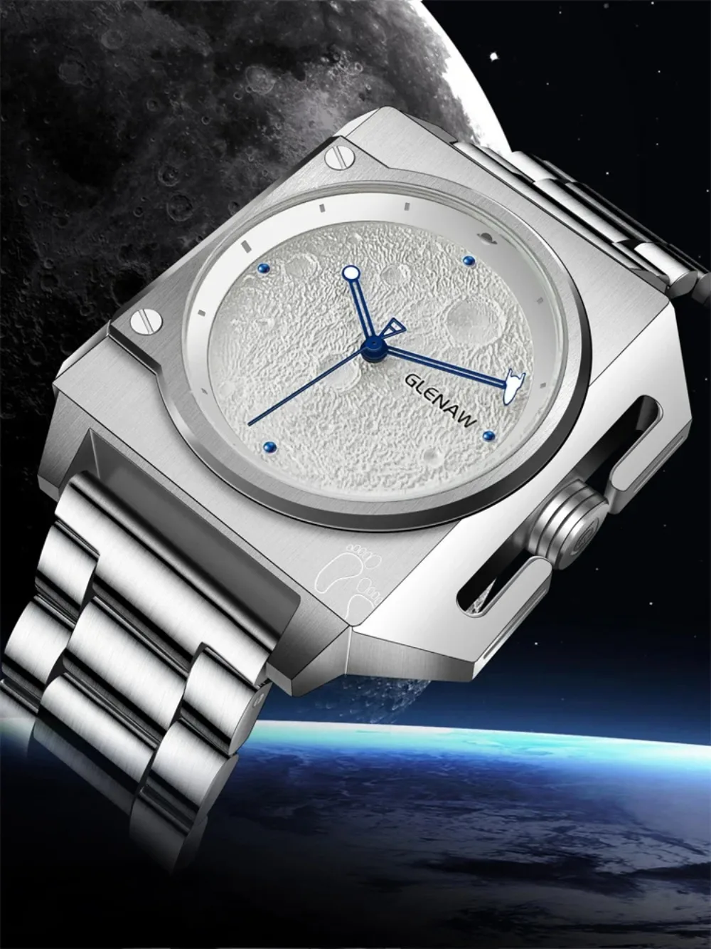 

Оригинальные индивидуальные механические часы с уникальным дизайном, 40*41 мм, лунный циферблат, светящийся космический корабль, указатель, часы из нержавеющей стали для мужчин