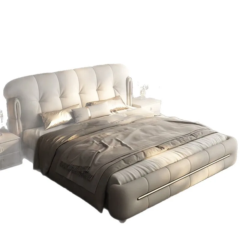 

Light luxury leather bed modern simple master bedroom leather double bed with side 2.2 meters storage wedding bed
