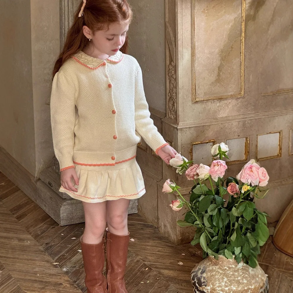 

Toddler Kids Girls 2PCS Autumn Children 2-9Y Girls Knitted Peter Pan Collar Sweater Ins 100% Cotton Little Girls Casual Skirt