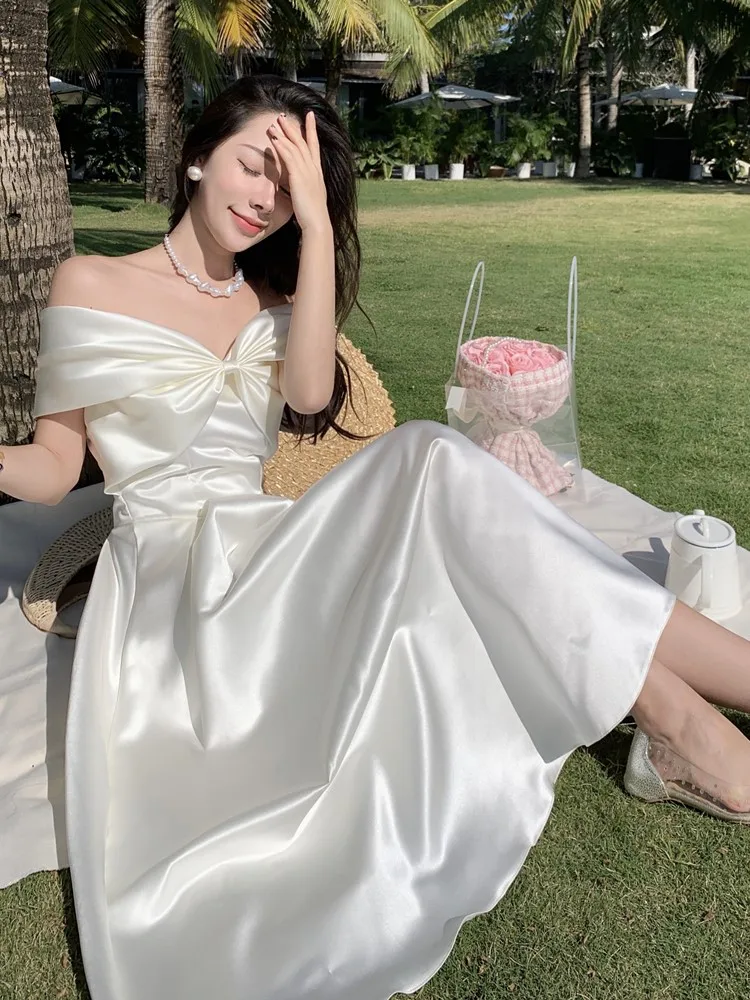 Vestido de boda blanco elegante para mujer, traje elegante con lazo, línea A, informal, para fiesta de graduación, Verano