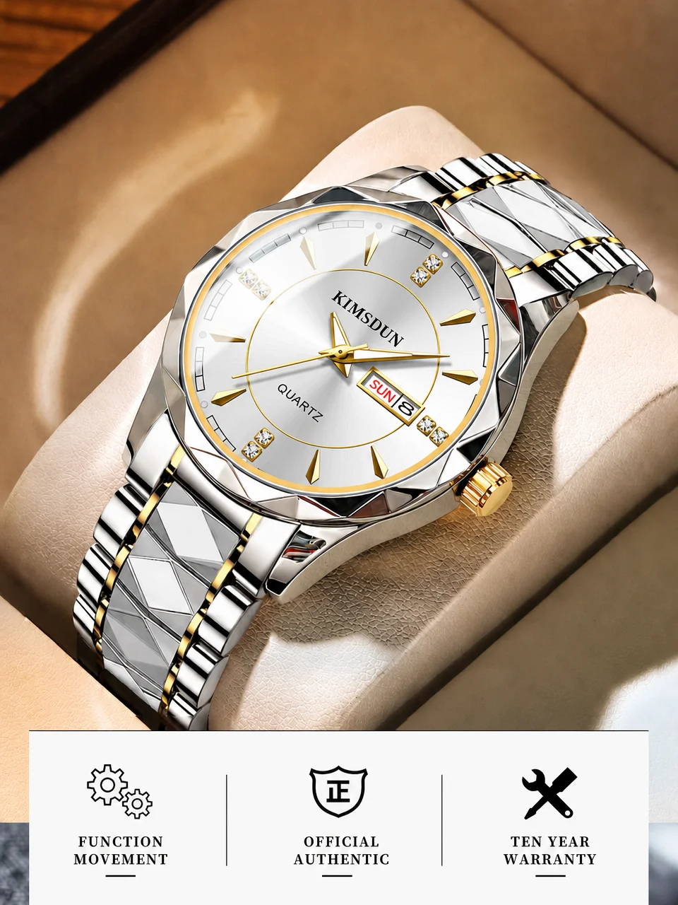 KIMSDUN Men's Stylish Quartz Watch Two-Tone Gold & Silver Alloy Case Alloy Strap Black Dial with Day Date Display Decorative Crystal Accents Wristwatch
