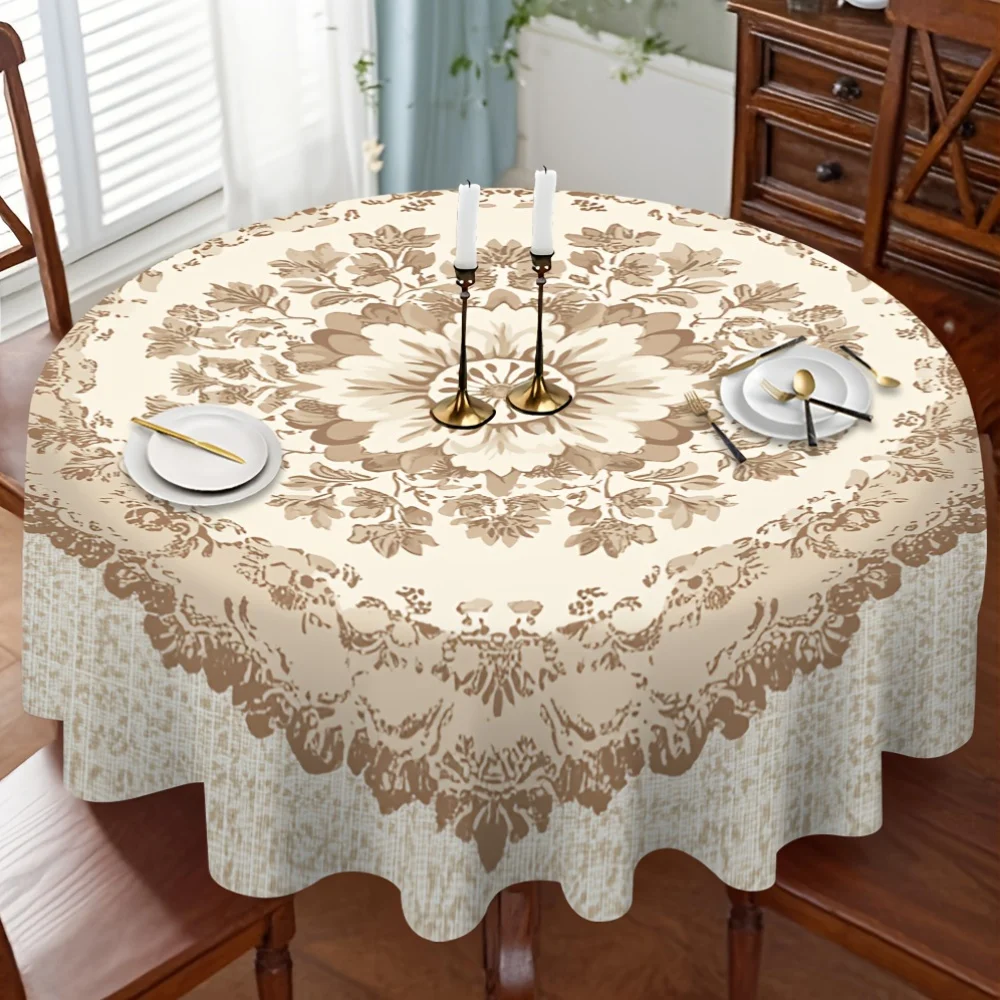 A decorative round tablecloth with an exquisite floral medal design, perfect for use at family gatherings.zyc