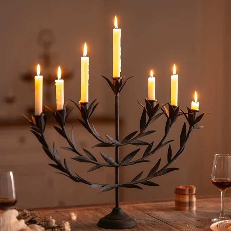 French Vintage 7‑Arm Iron Candelabra, Distressed Candle Holder for Wedding, Restaurant & Home Decor
