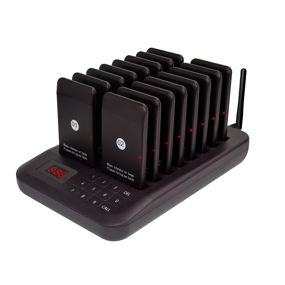 Wireless Calling System Buzzer Restaurant 16 Pager Receiver Vibration 4 Modes With 1 Keypad Transmitter Guest Paging Coaster