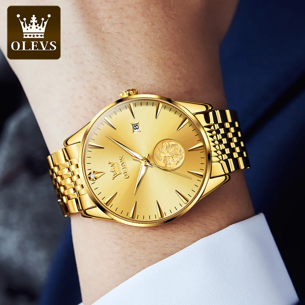 OLEVS 6665 Original Mechanical Watch Men Gold Pixiu Design Stainless Steel Waterproof Auto Date Clock Luxury Men\'s Wrist Watch