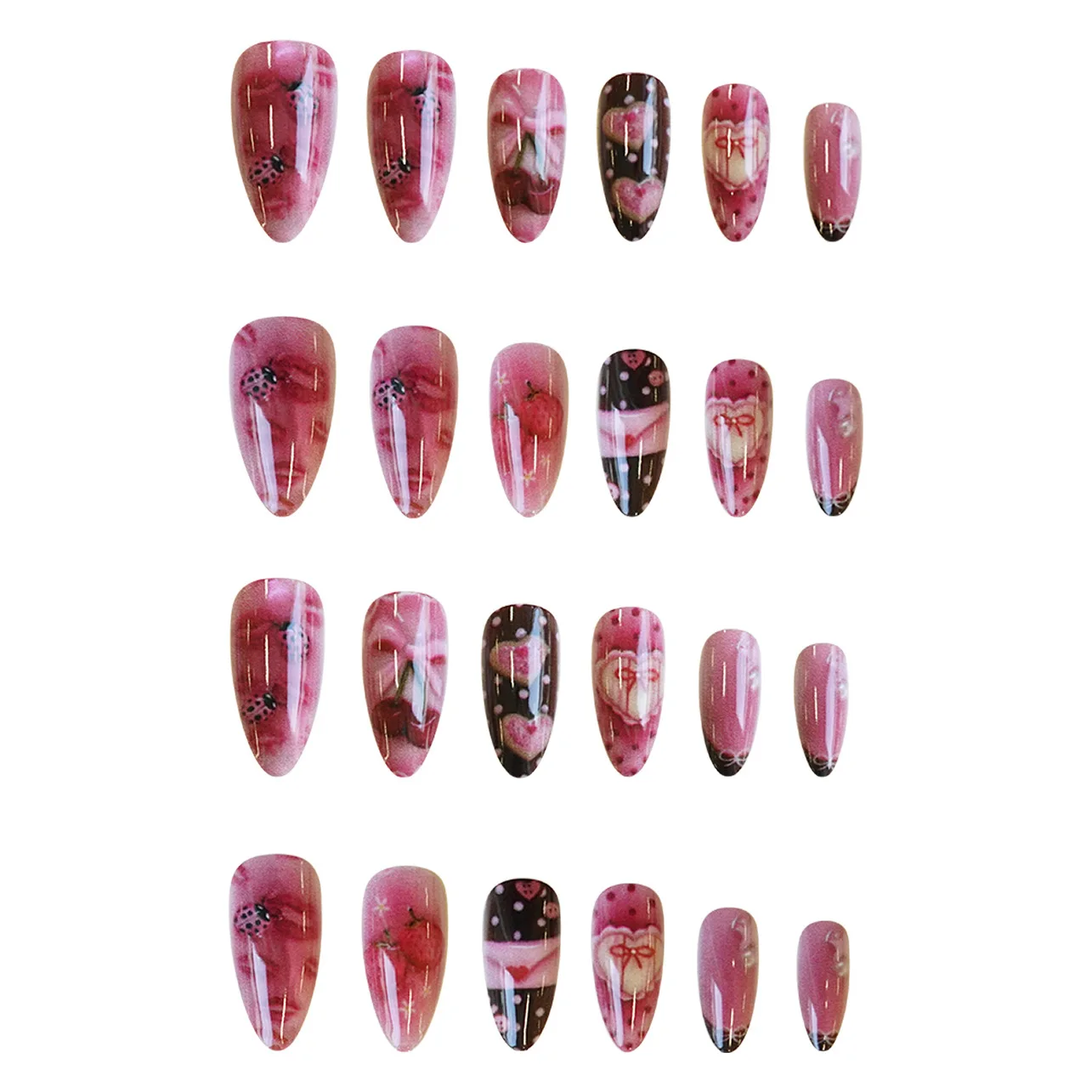 24pcs Y2k Sweet Cool Press On Nails Gradient Blush Pink Almond False Nails Cute Cartoon Cherry Bowknots Decor French Fake Nail image 3