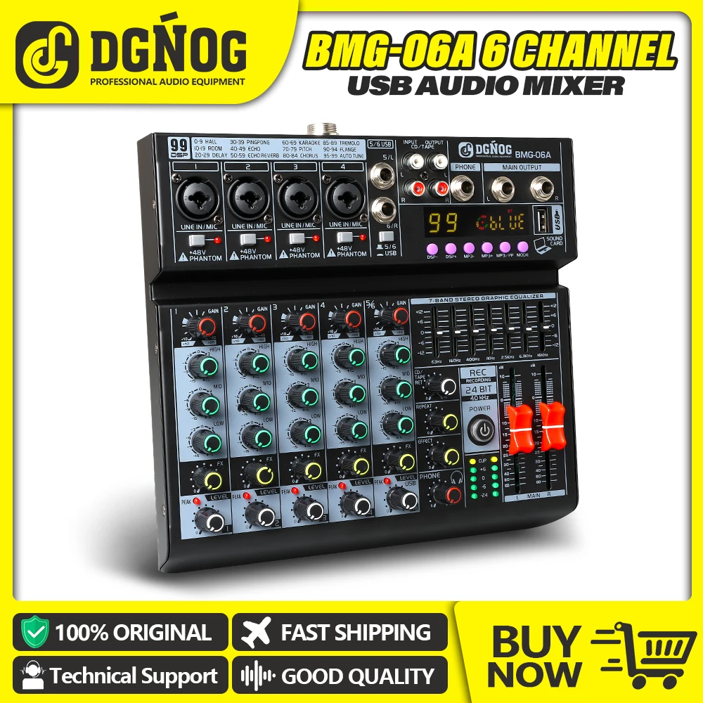 DGNOG Professional 6 Channel Audio Mixer 99 DSP Effects 7-band EQ 48V Phantom Power Bluetooth Function USB Interface for Studio 