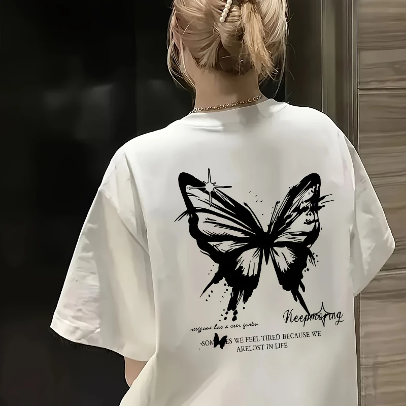 夏用レディース Y2K ホワイト Tシャツ - 非伸縮性ピュアコットン バックバタフライ柄 ルーズ デイリーカジュアルトップ