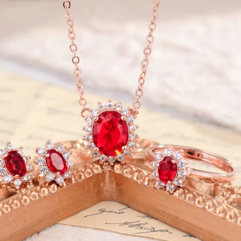 Full Zircon Adjustable Ring 925 Exquisite Red Pendant Necklace Sunflower Earrings Three Piece Set