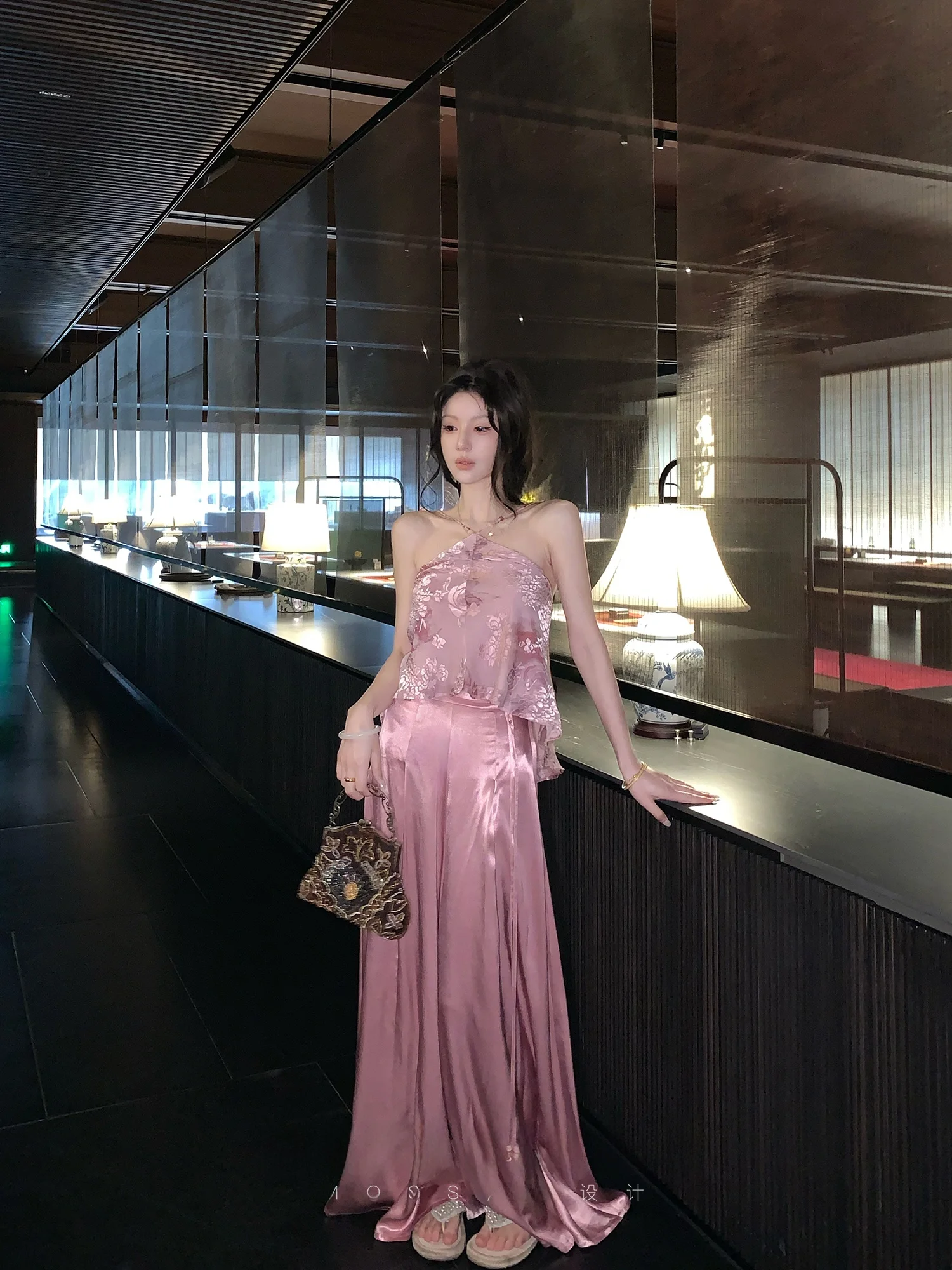 

New Chinese Style Original Human Silk Burned Flower Strap Long Pants Set Women's Loose Fit Summer Autumn Spring Fashion Set