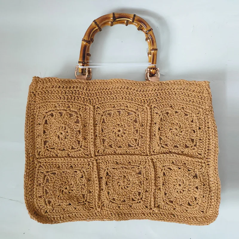 Vintage Bamboon Handle Women Handbags Crochet Large Capacity Tote Bag Handmade Woven Hollow Beach Bag Casual Big Summer Bags