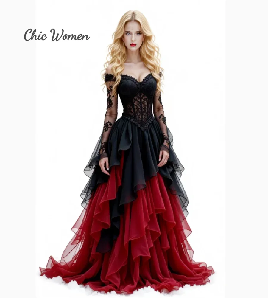 Greek Goddess Red And Black Wedding Dress 2026 Long Sleeve Ruffles Lace Gothic Bride Dress Lace Gatsby Celtic Bridal Dress Witch