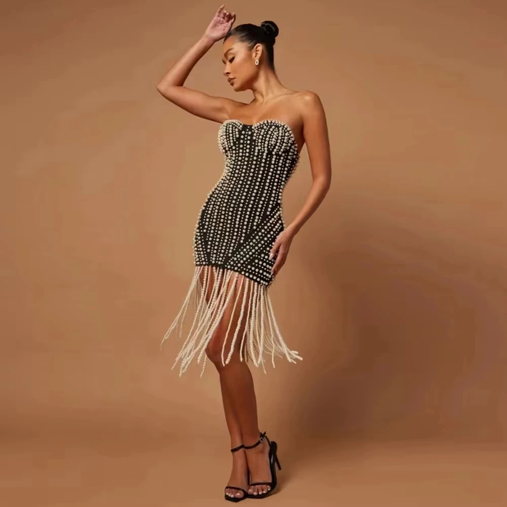 

Black Fashion Women's Luxury Pearl Tassel Sexy Strapless Sleeveless Bandage Mini Elegant Star Party Evening Dresses