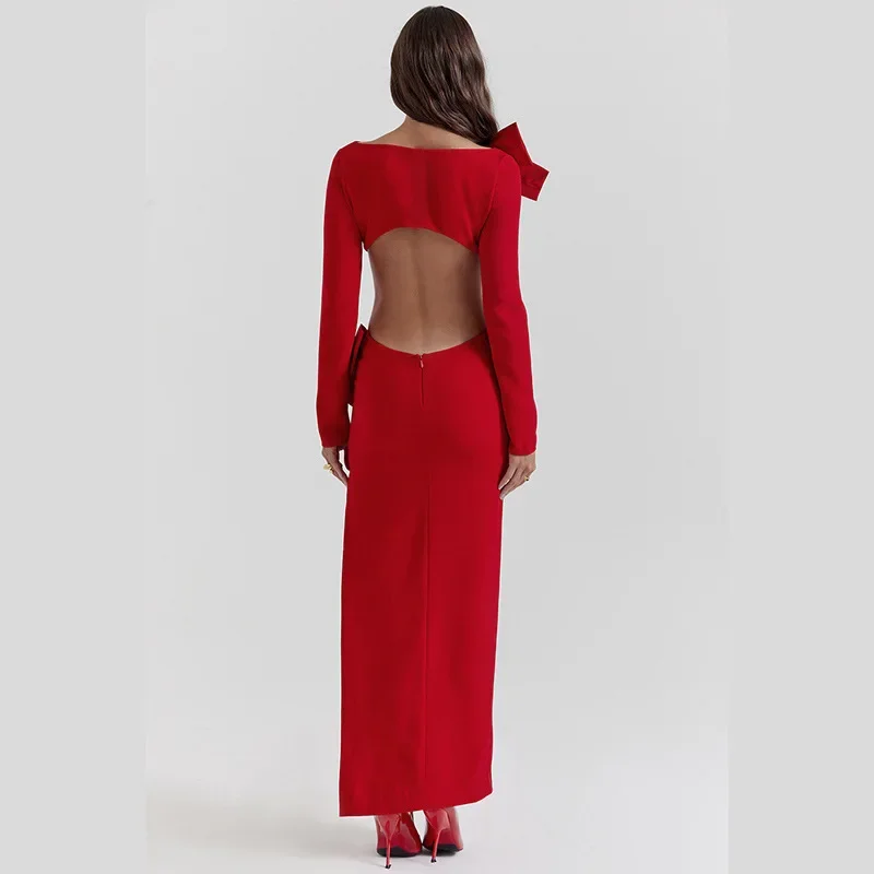 Elegant Split Red Bow Maxi Dress Party Club Outfits for Women Christmas Sexy Backless Cut Out Long Sleeve Dresses 2023