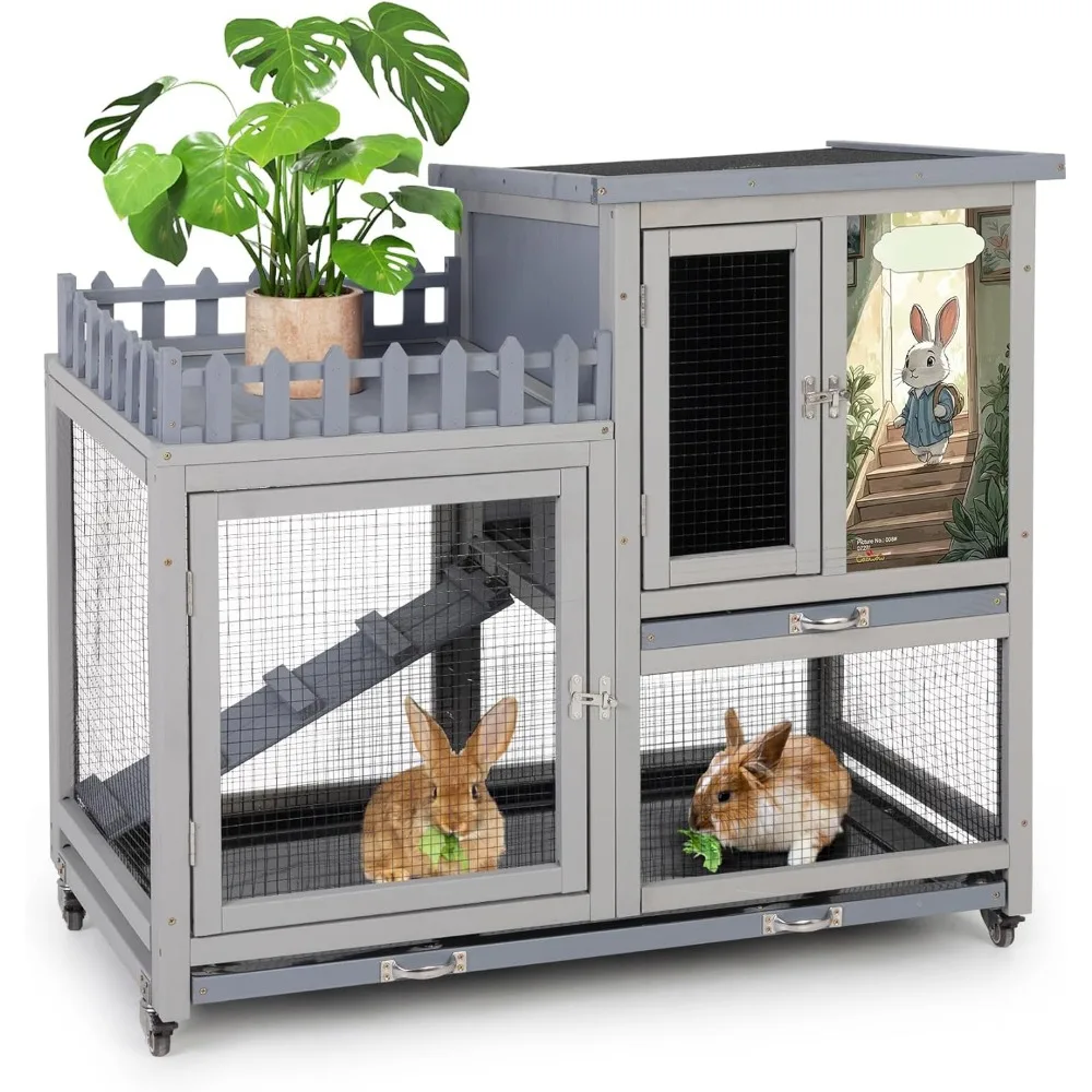 

Wood Rabbit Hutch with Balcony - Small Animal House Bunny Cage on Wheels for Indoor Outdoor, Rabbit Cage Included Ramp, Pull Out