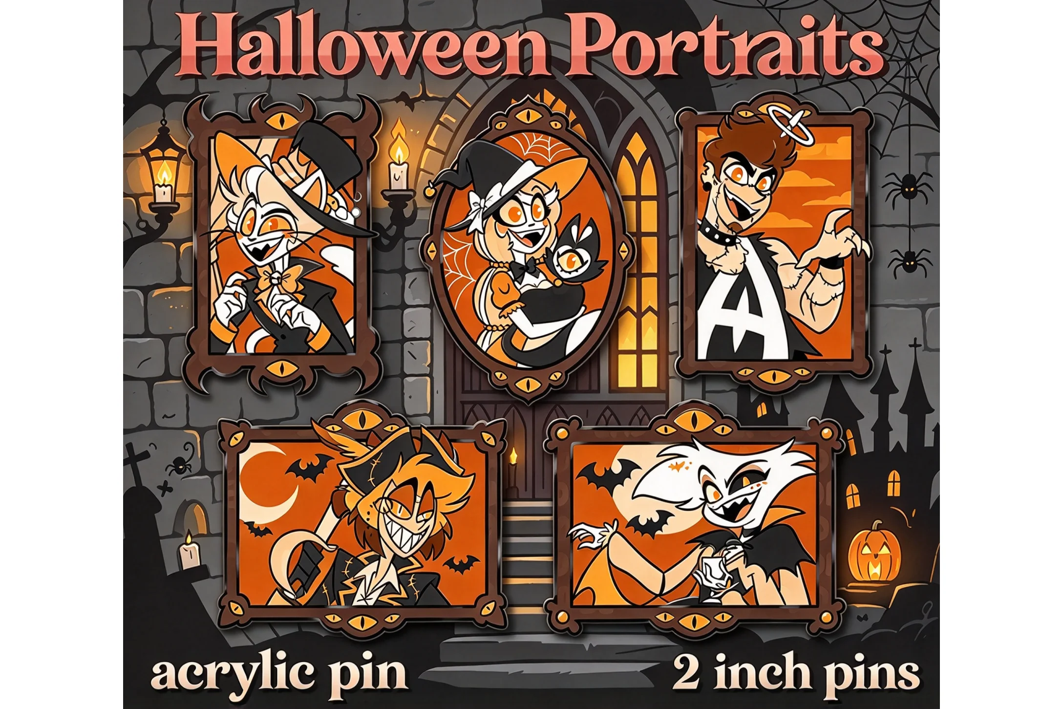 Hazbin Hotel HaunTed Portraits Acrylic Pin -Lucifer，Alastor，Adam，Angel Halloween Cosplay Brooch Costume Accessory for Bag Jacket