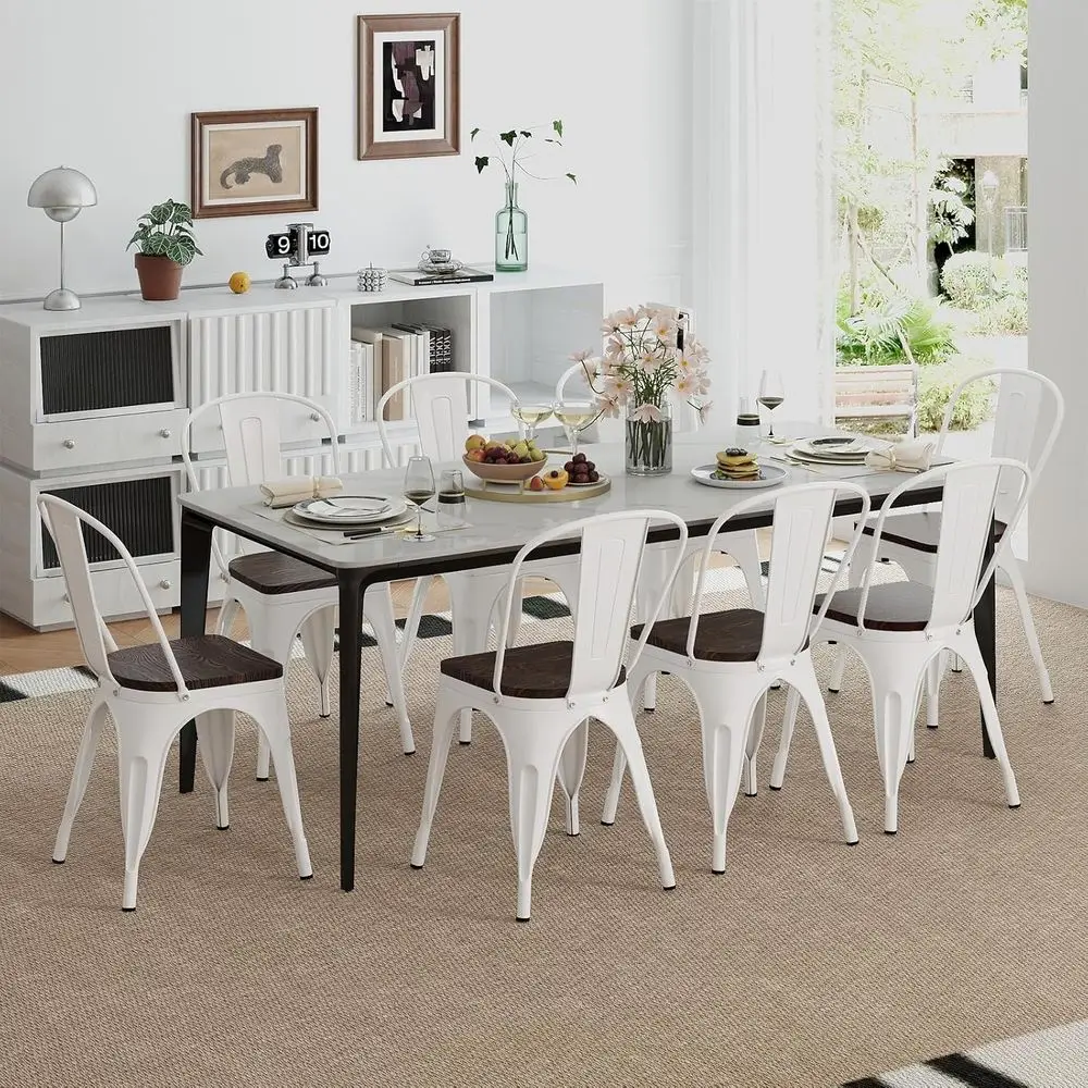 Vintage Metal Dining Chairs, Industrial Stackable Cae Side Chair with Wood Seat & Backrest or Bistro, Kitchen, Set o 4, White