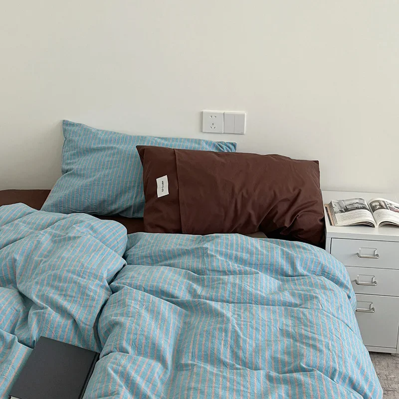 Nordic Striped Pure Cotton Bedding Sets 40S Cotton Skin-Friendly Comfortable Quilt Cover Kit Home Dorm Bedclothes for Seasons