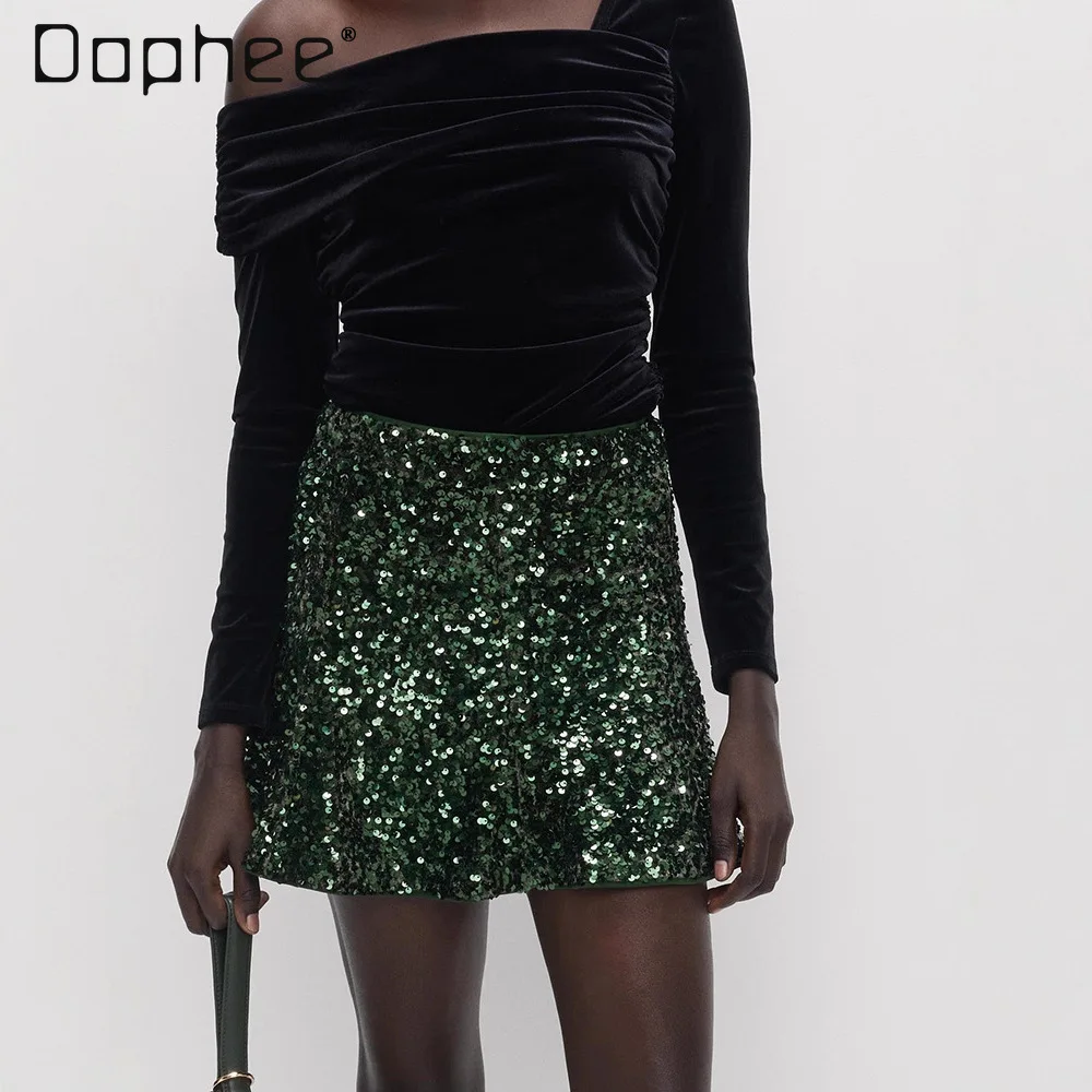 

Fashionable Elegant Style Velvet Sequin Mini Skirt Autumn Winter New European American High Waist Slimming A-line Skirt Women