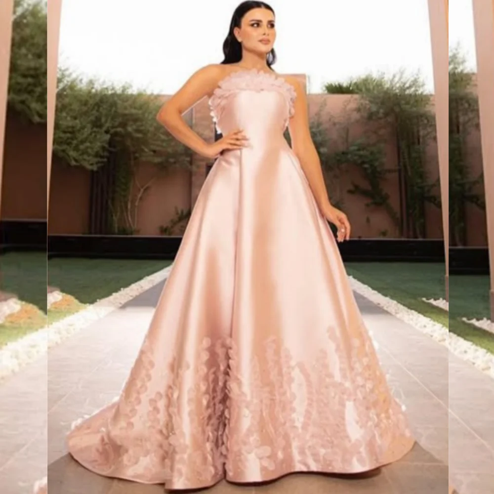 

Customized High Quality Charmeuse Sequined Pleat A-line Strapless Long Dresses Bespoke Occasion Sparkle