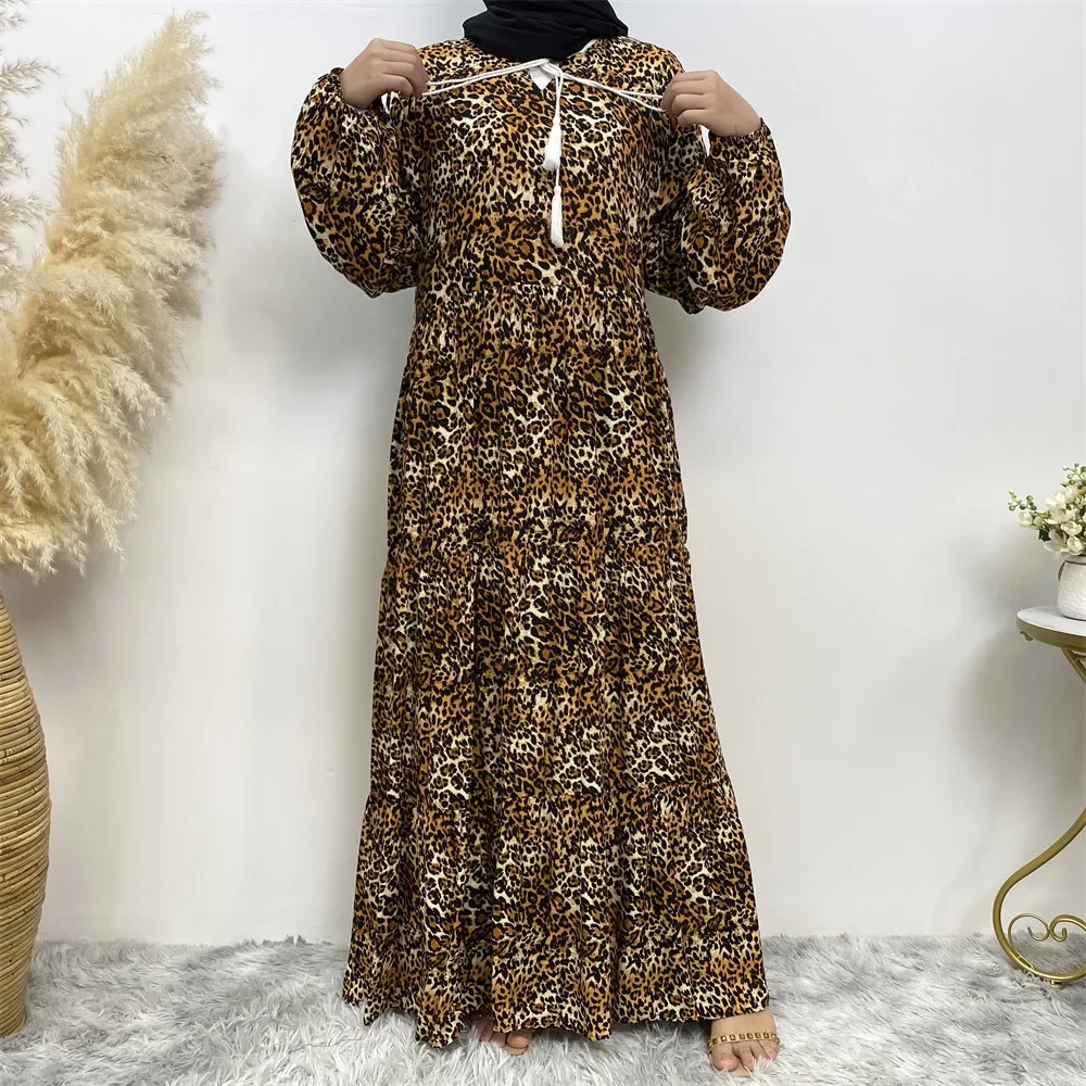 Islamic Arabia Dubai Abayas Leopard Print Cotton Abaya for Women Loose Large Size Muslim Dress Women Casual Floor-length Kaftan