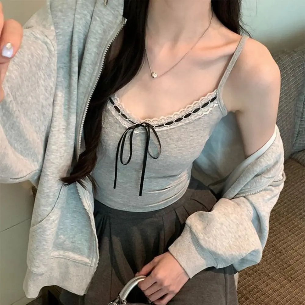 Sweet Solid Color Lace Crop Top Waist-cinching Lace Strap Camisole with Pads Sexy Lace Padded Y2k Vest Top Women's Wear
