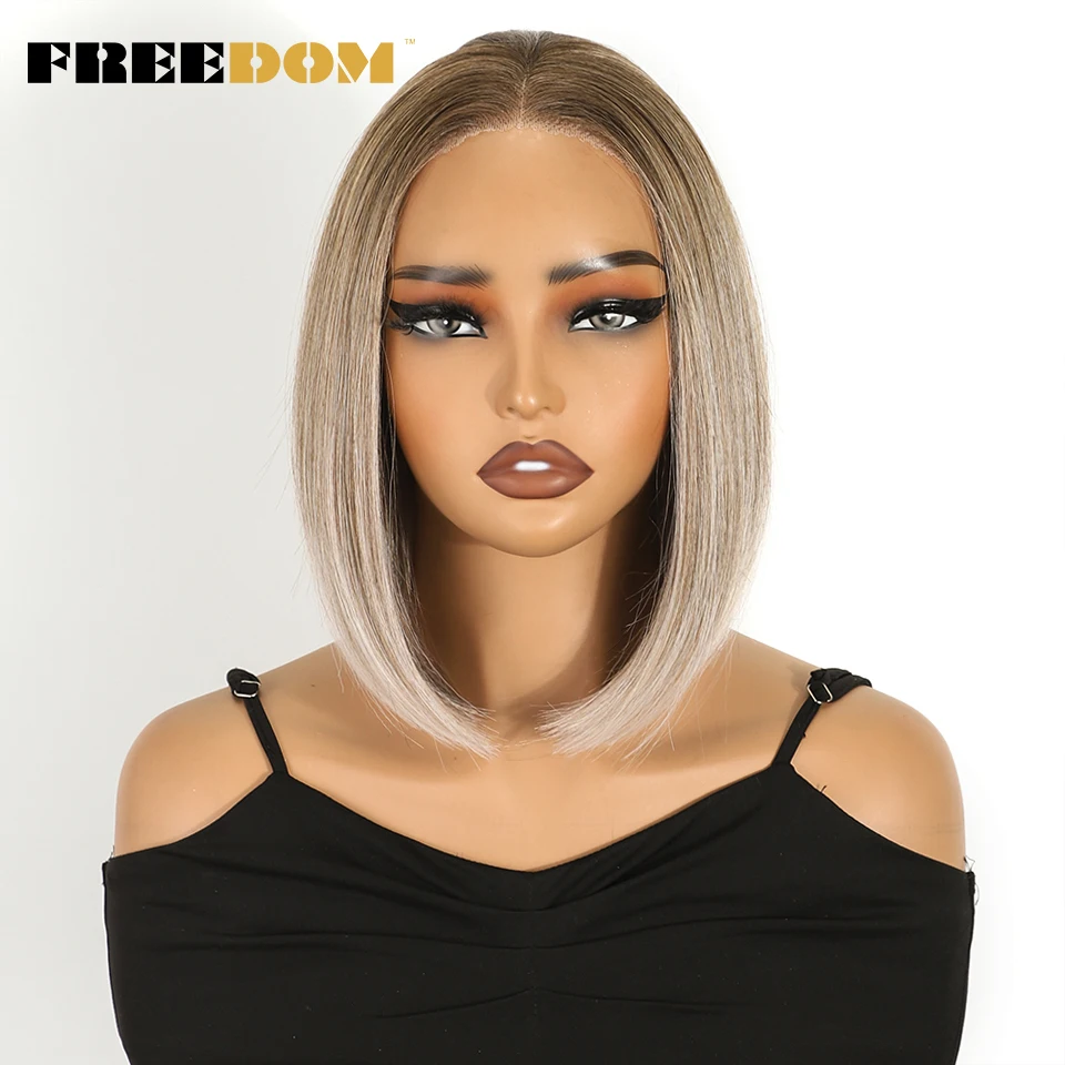 FREEDOM 13x3 Synthetic Lace Front Wigs For Women 10 inch Short Bob Wig Pre Plucked Natural Hairline Ombre Brown Blonde Lace Wigs