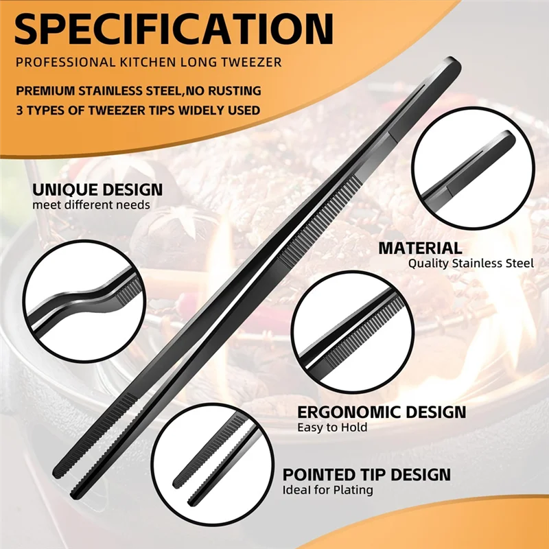 

ABBP-3 Pcs 30Cm Fine Tweezer Tongs, Extra-Long Stainless Steel Cooking Tweezers, Multi-Function Tips Kitchen Serving Tong