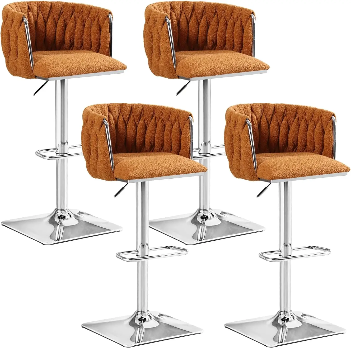 Swivel Bar Stool Set Of 4, Adjustable Counter Height Barstool With Silver Leg, Modern Dining Chair With Woven Back, Upholstered