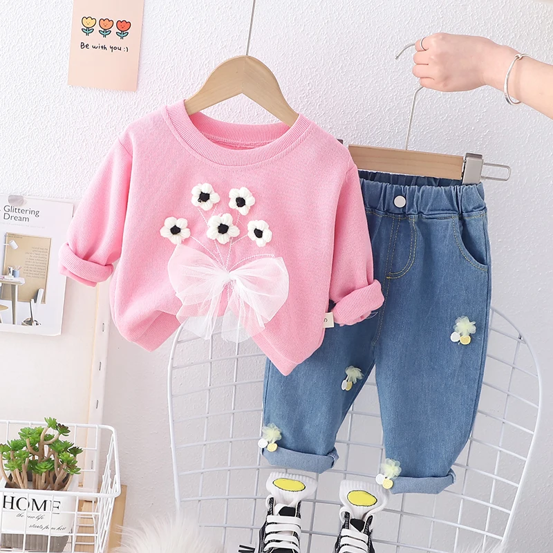 Spring Baby Girls Clothing Sets Kids Bowknot T Shirt Floral Jeans Infant Clothes Outfits Children Sportswear Princess Costume