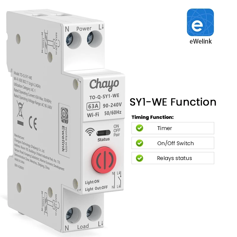 Chayo Ewelink WiFi Din Rail MCB Circuit Breaker, 63A 1P+N Smart Switch, Power Metering Timer Relay Supports Alexa Voice Control