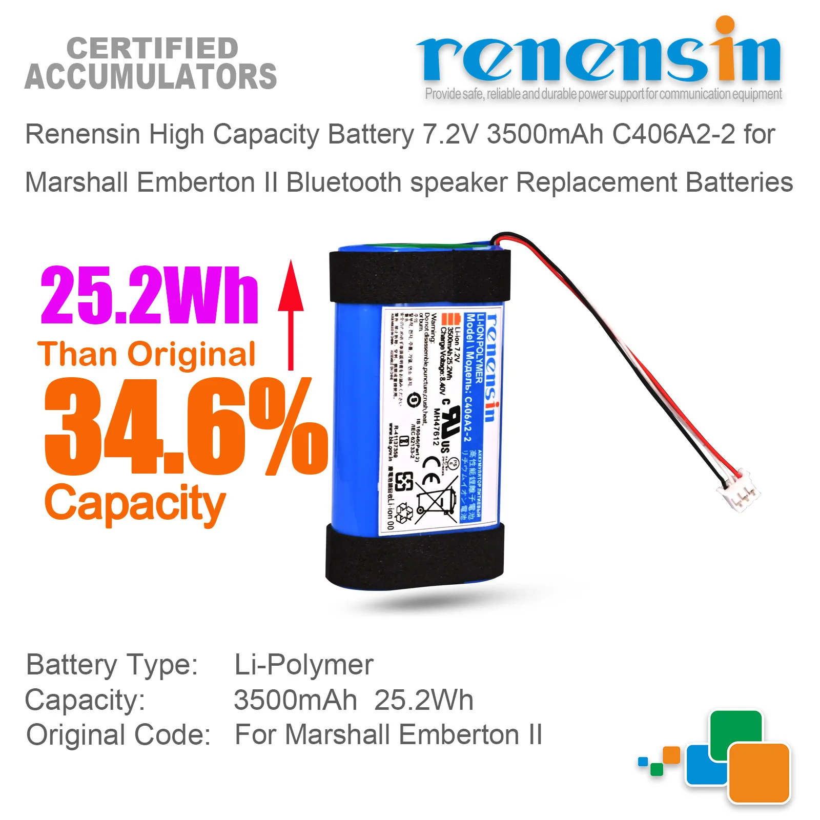 

Renensin High Capacity Battery 7.2V 3500mAh C406A2-2 for Marshall Emberton II Bluetooth speaker Replacement Batteries