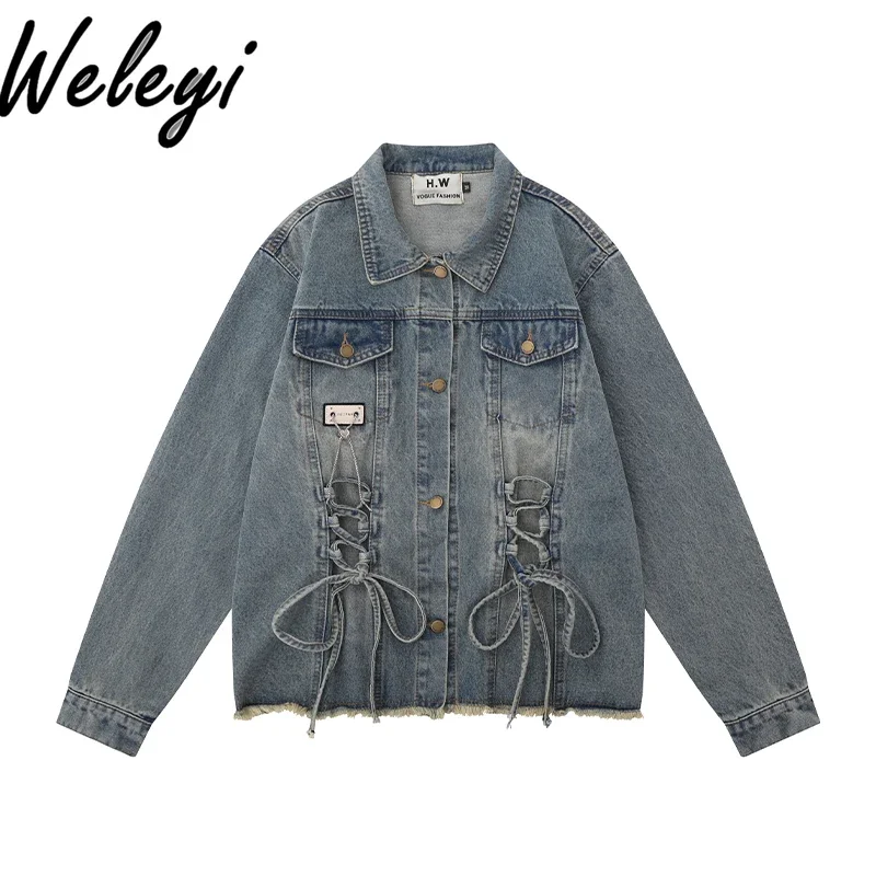 

Vintage Streetwear Coat Feminina Rough Edge Fringed Strap Lapel Jean Jacket Loose Casual Women's Couple Long Sleeve Denim Jacket