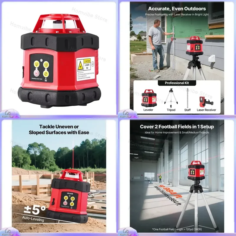 360 Degree Self Leveling Rotating Laser Level 984 Ft Range with Tripod Receiver Remote Control for Construction Home