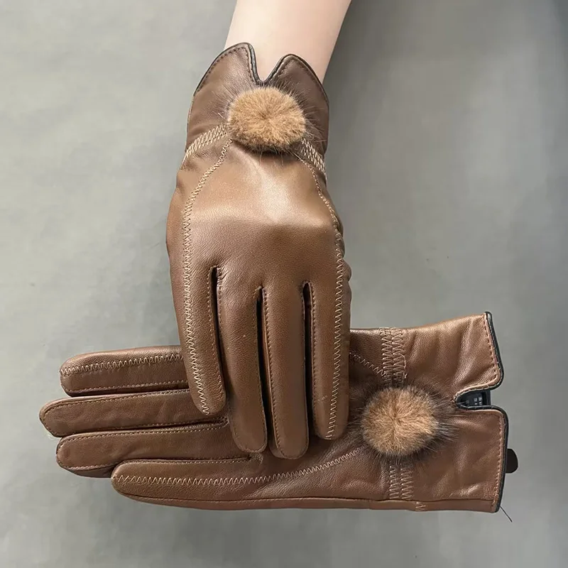 

Women's Fashion Leather Glove Mink Fur Pompom 2024 Genuine Sheepskin Leather Glove Mittens SH5567