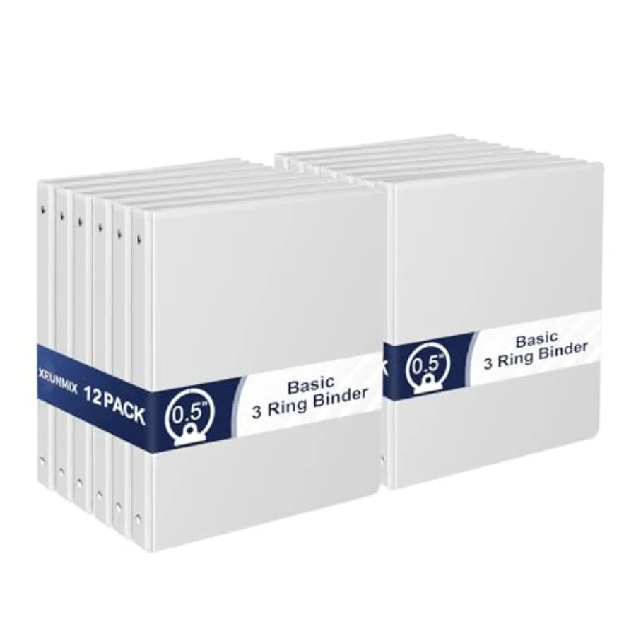 

1/2 Inch 3-Ring-Binder with Pockets 0.5''-inch Round Binders Holds 100 Sheets US Letter Size 8.5'' x 11'' - Bundle 12 Packs Whi