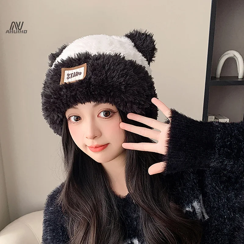 Winter Cute Panda Ears Hat Women'S Knitted Hat New Thickened Velvet Cute Bow Bow Ear Protection Cold Wind Cold Cap