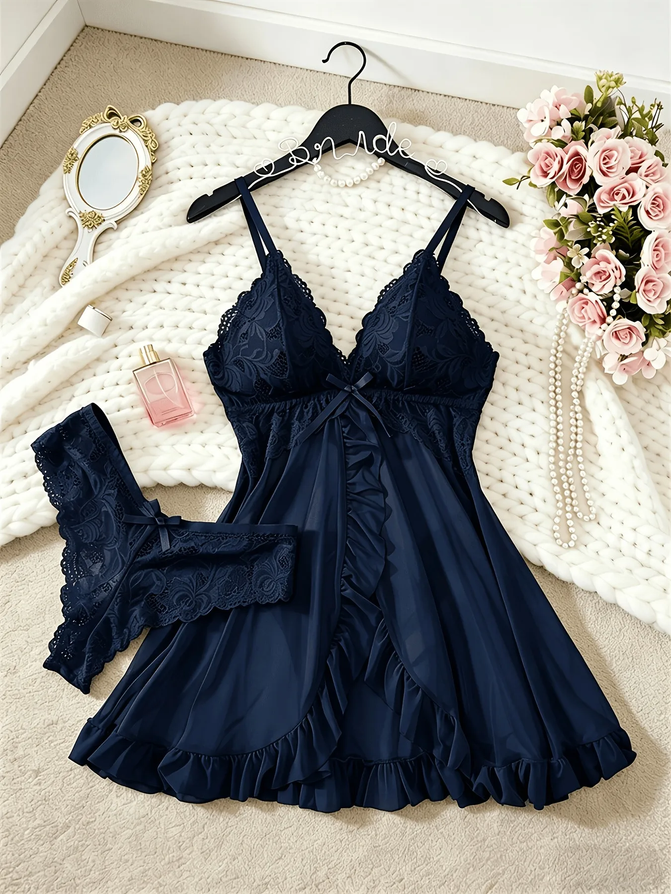 Women's Lace V Neck Slip Nightdress and Matching Briefs Set Adjustable Straps Ruffle Hem Polyester Elastane Sleepwear