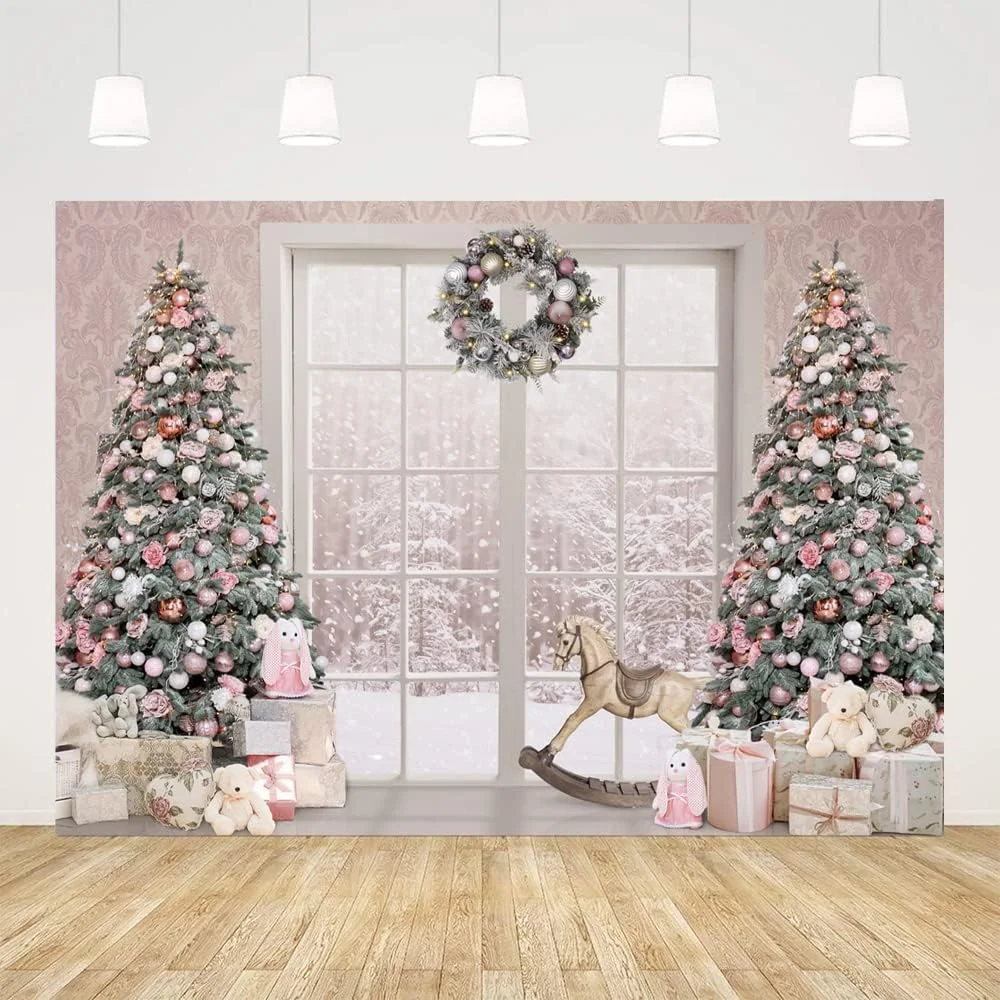 Christmas Backdrops for Photography Winter Snow Scene Pink Xmas Tree Christmas Bear White Window Background Holiday Family Kids