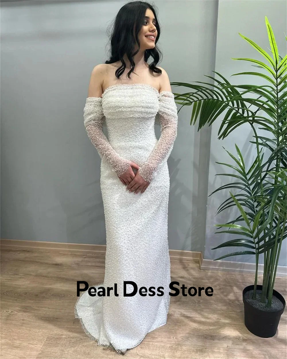 Pearl Fish Tail Evening Dresses Woman Elegant Party Dresses 2024 for Wedding Dress Sequins White Strapless Long Sleeves Prom