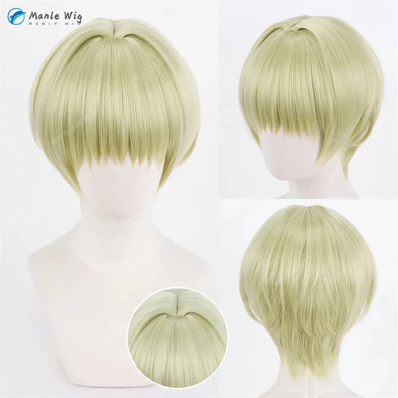 DY2025Peluca de Cosplay de Anime Hunter Shalnark, pelucas cortas de 30cm, color verde y amarillo, pelo sintético resistente al calor, peluca de disfraz de Anime + W